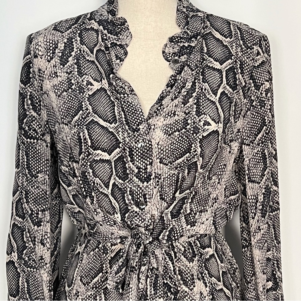 Rebecca Taylor Silk Tie-Waist Shirt Dress  Long Sleeve Snakeskin Print 4 Gray - Picture 5 of 16
